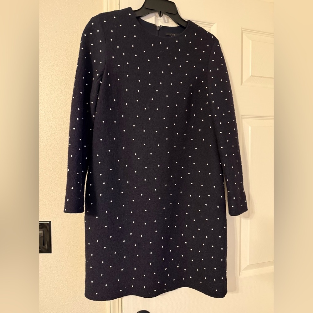 COS Dark Blue Long Sleeve Dress with White Dots